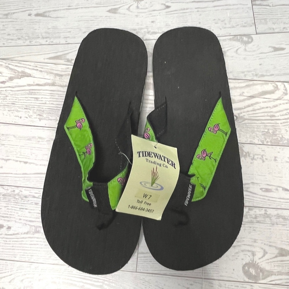 Tidewater Trading Co Womens Black Platform Flip Flops Green Pink Flamingo Size 7